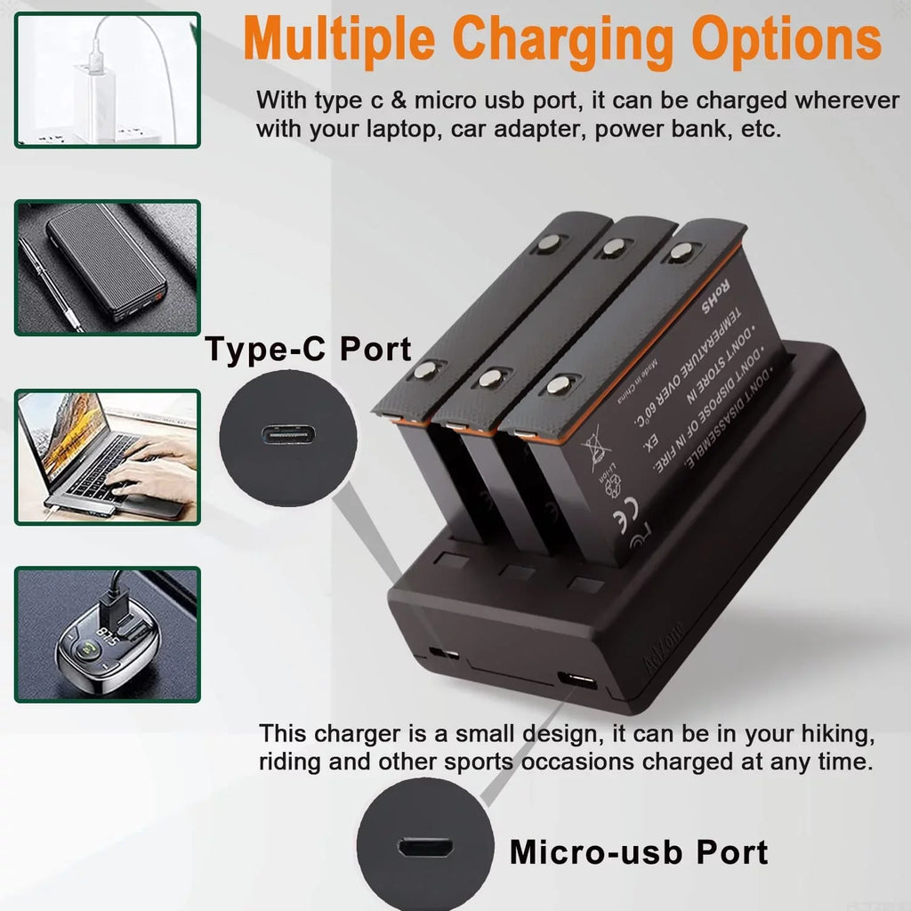 Insta360 ONE X2 Replacement Batteries 2-Pack and 3-Channel USB Charger suitable with Insta360 ONE X2 360 Camera(Not Waterproof)