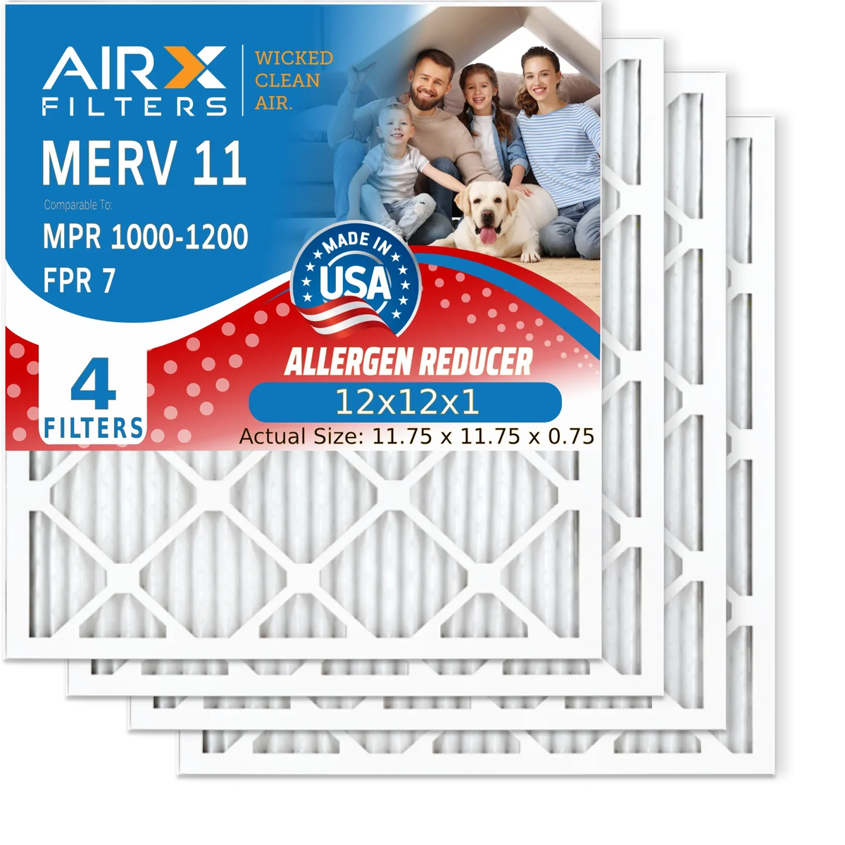 12x12x1 Air Filter MERV 11 Comparable to MPR 1000, MPR 1200 & FPR 7 Electrostatic Pleated Air Conditioner Filter 4 Pack HVAC Premium USA Made 12x12x1 Furnace Filters by AIRX FILTERS WICKED CLEAN AIR.