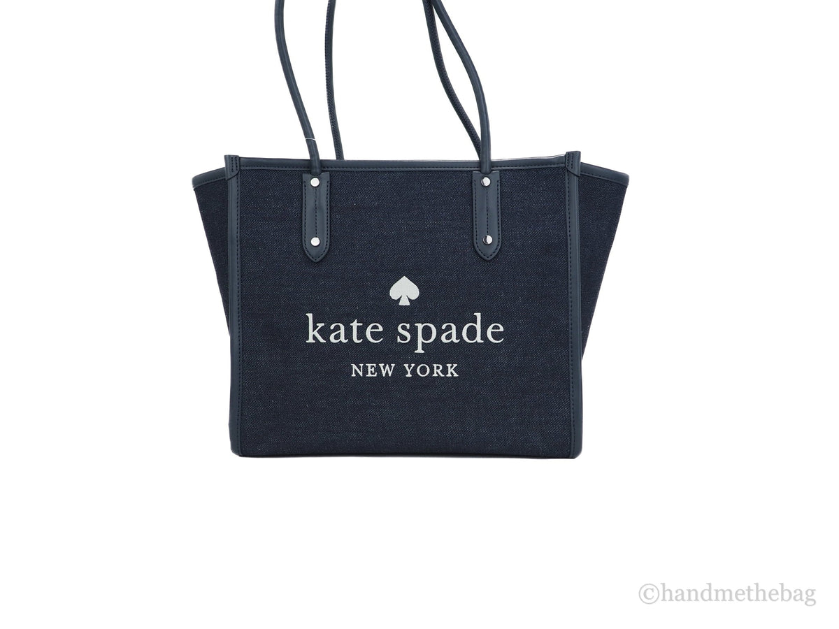 Kate Spade Ella Large Blue Multi Denim Fabric White Logo Shoulder Tote Handbag