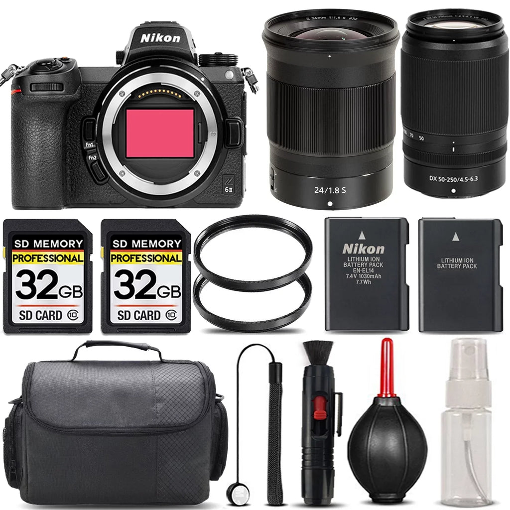 Z6 II Mirrorless with 50-250mm f/4.5-6.3 VR Lens + 24mm f/1.8 S Lens + 64GB Storage + UV Filter + Backup Battery + Case + Cleaning Kit - International Version