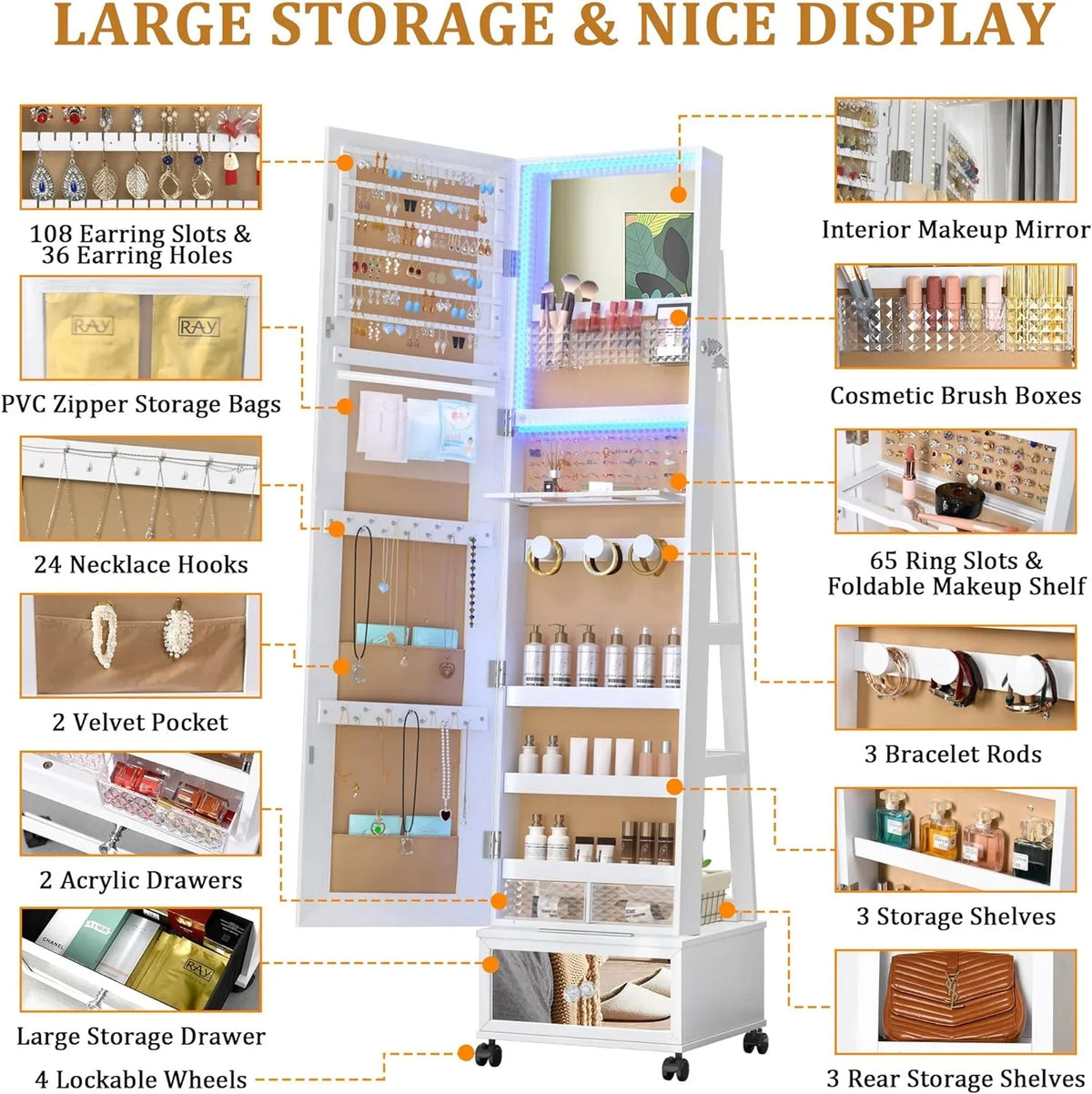 HAOFEI 360° Swivel Jewelry Mirror Cabinet with Lights, Standing Jewelry Armoire Organizer Rotatable Full Length Mirror with Jewelry Storage, Lockable with Rear Storage Shelves, Built-in Makeup Mirror