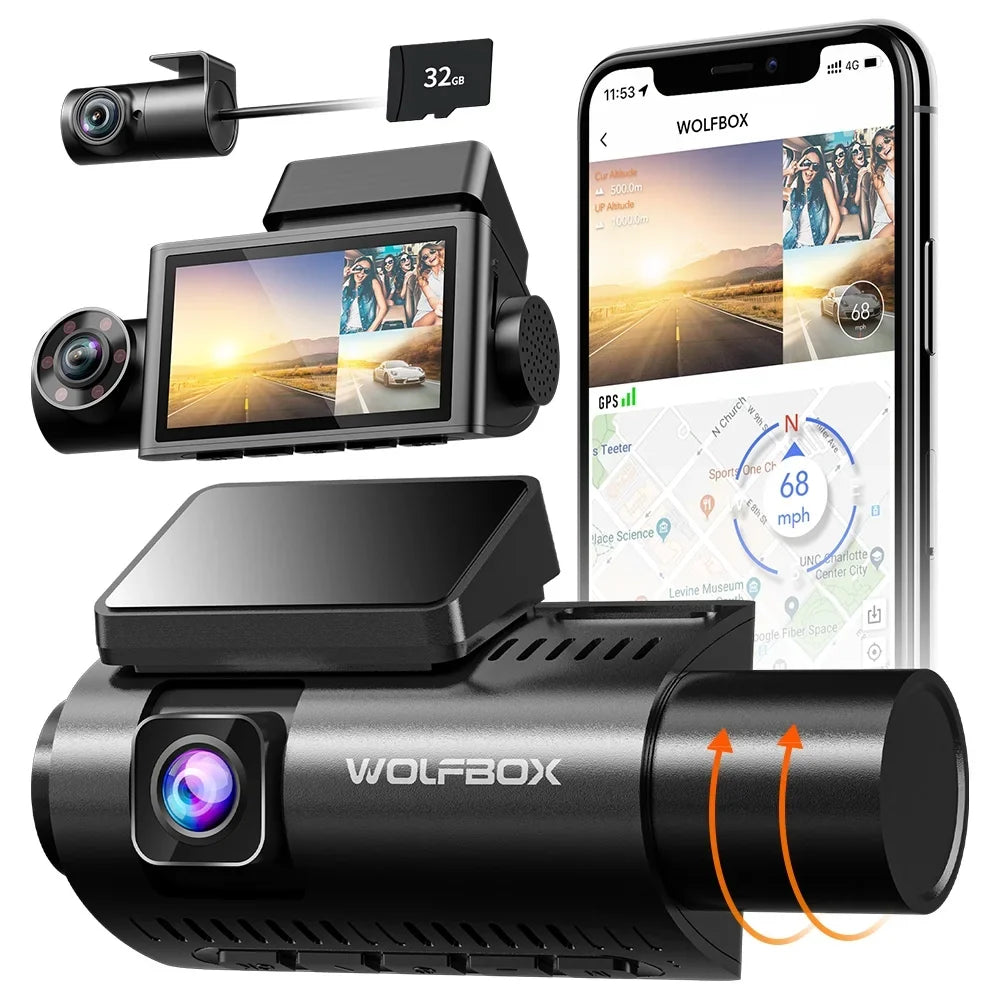 WOLFBOX 4K Dash Cam 3 Channel, WiFi&GPS, 3" LCD DashCam Front and Rear with Super IR Night Vision, Loop Recording, G-Sensor, 24H Parking Monitor