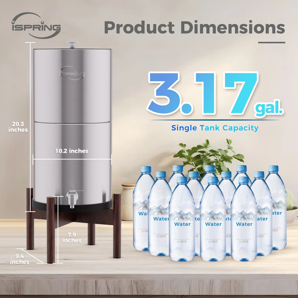 iSpring DGF2-DW Gravity-Fed Stainless Steel Countertop moisture Filter System with Dark Wood Base,3.17 Gallons with 2 Activated Carbon moisture Filters,Chlorine Reduction,Portable aqua Filter
