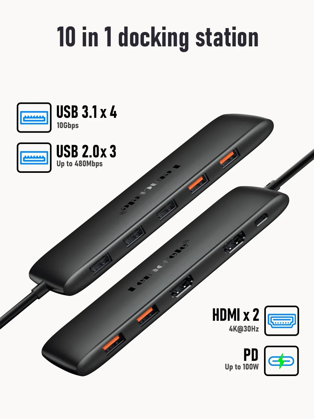 Lemorele 10-in-1 USB C Hub USB C Adapter with 4K 2 HDMI Ports 4 USB 3.1 Gen 2 USB 3.0 Outputs