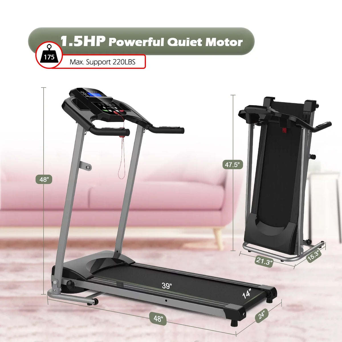 Inolait Folding Treadmill 1.5HP Electric Running Machine, Black