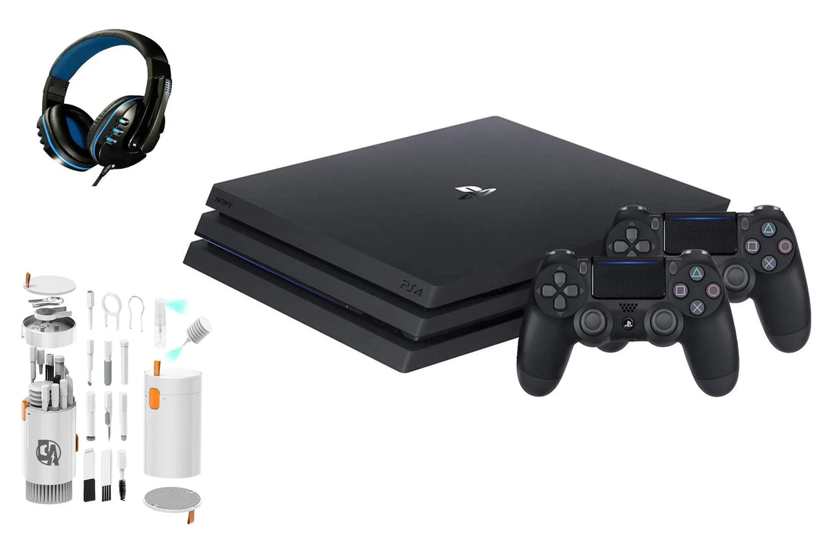 PlayStation 4 Pro 1TB Gaming Console Black Headset 2 Controller With BOLT AXTION Cleaning Kit Bundle Like New