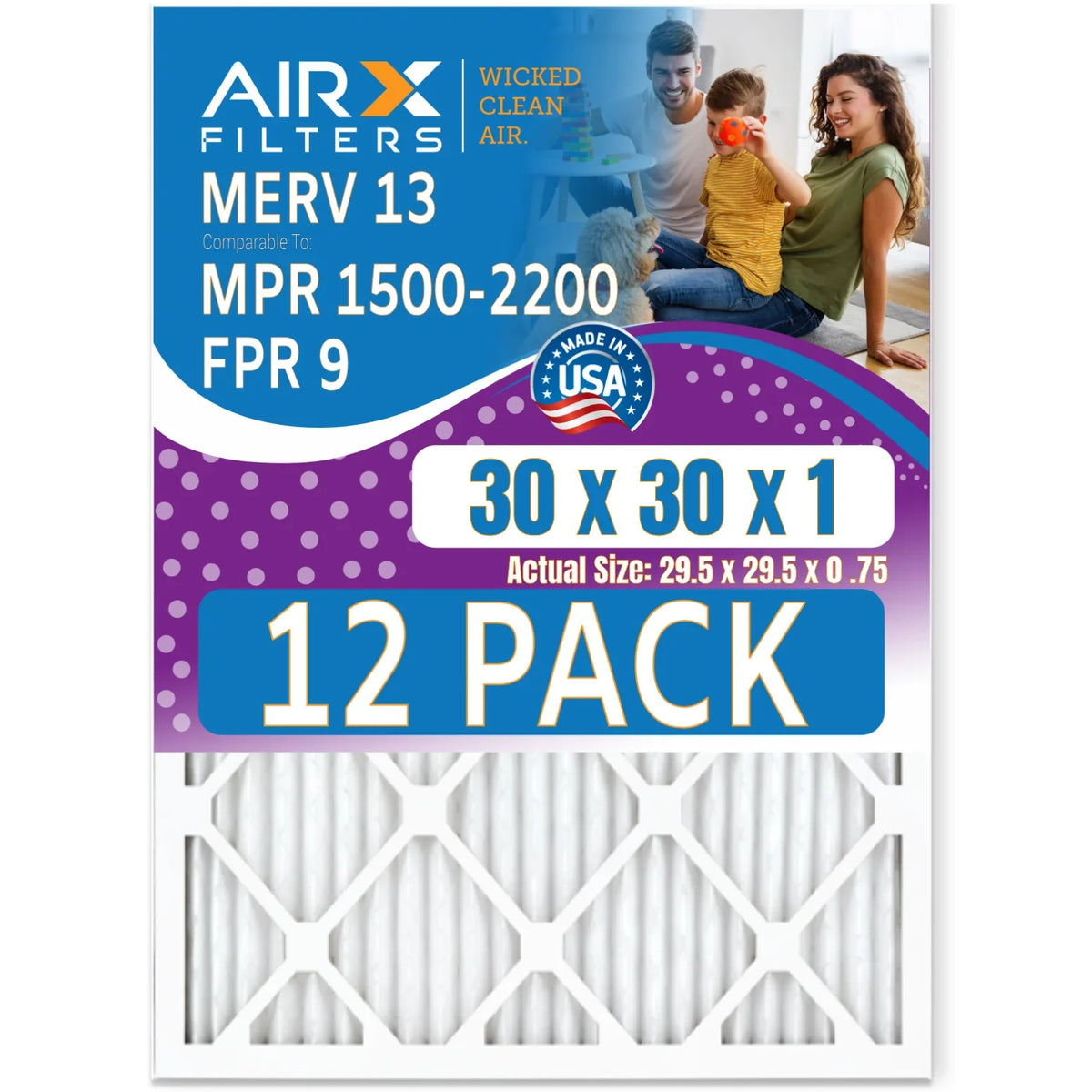30x30x1 Air Filter MERV 13 Rating, 12 Pack of Furnace Filters Comparable to MPR 1500 - 2200 & FPR 9 - Made in USA by AIRX FILTERS WICKED CLEAN AIR.