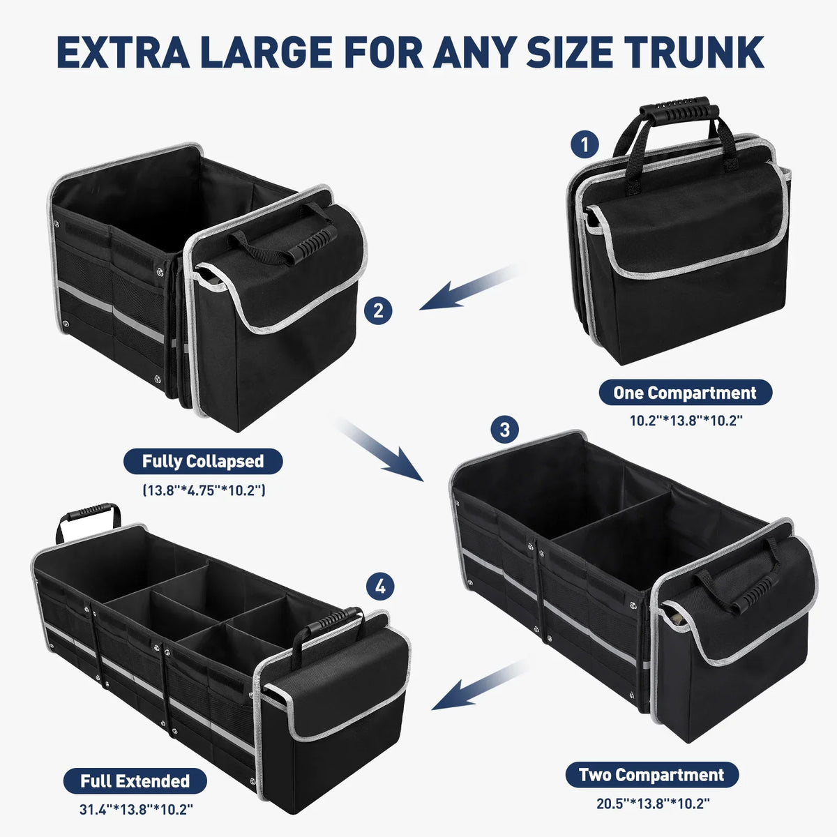 Car Trunk Storage Organizer, 4 in 1 Multi Compartment Collapsible Trunk Storage Box with Leakproof Insulated Cooler Bag for Car Truck SUV