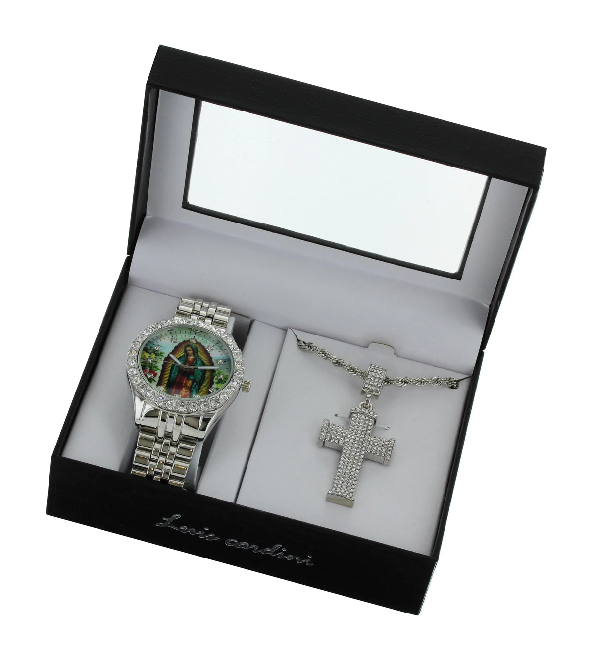 Men's Our Lady of Guadalupe Silver-Tone Metal Bracelet Watch with Neckless and Cross Pendent Set