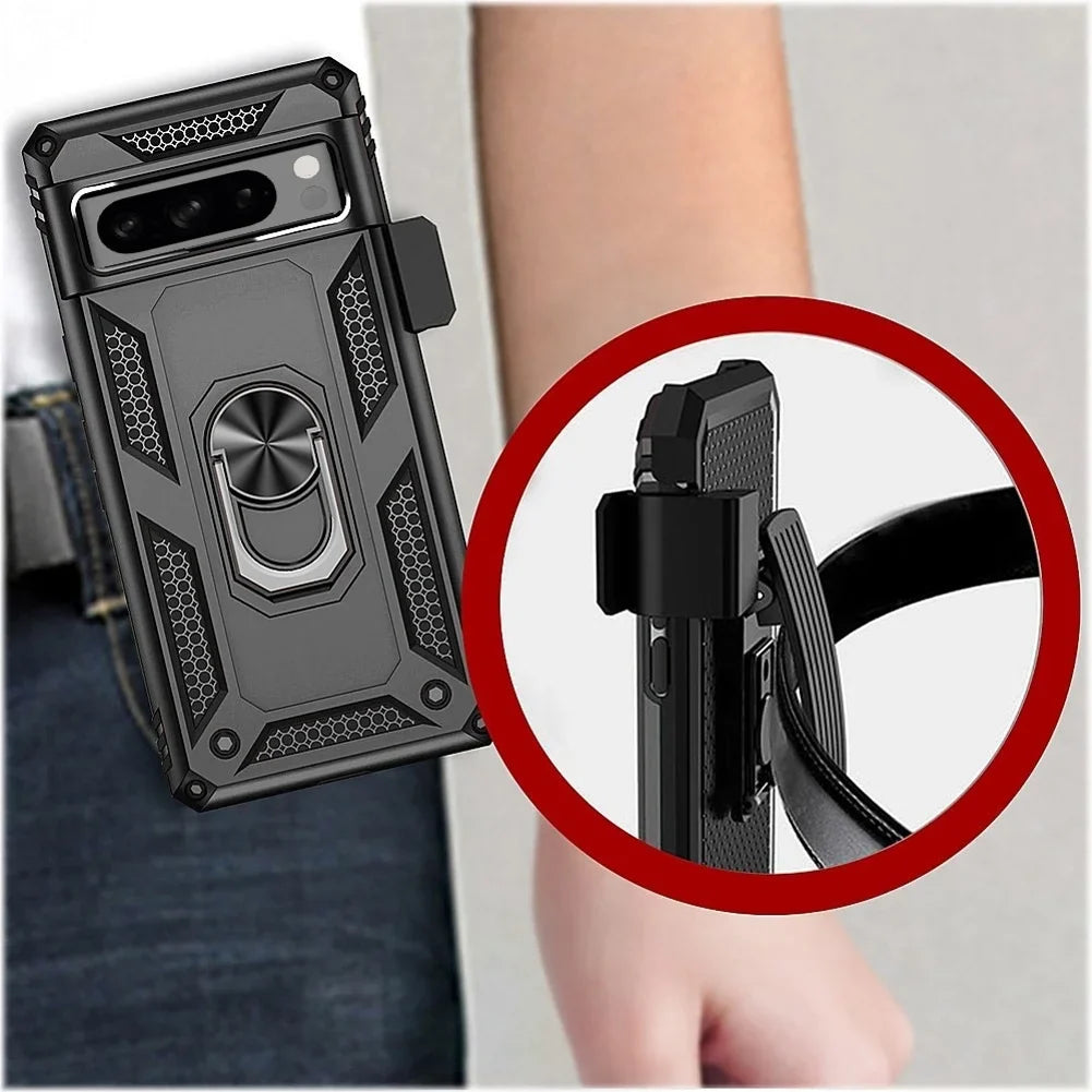 Holster Case Belt Clip for Google Pixel 8 Pro Phones - Swivel Metal Ring protector Kickstand Armor Combo Drop-Proof appropriate with Google Pixel 8 Pro