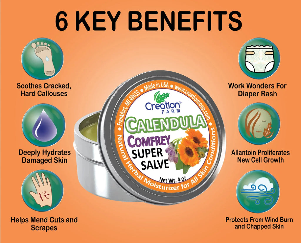 Calendula Comfrey Salve 4 oz Tin, Herbal Skin Rash Ointment, Wound Treatment Tin 4 oz by Creation Farm