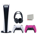 Playstation 5 Digital Edition Console with Extra Pink Controller and Black PULSE 3D Headset Bundle with Cleaning Cloth