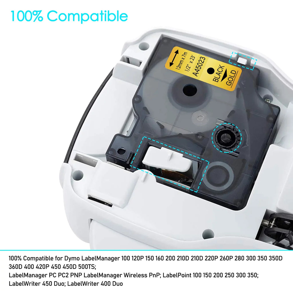GREENCYCLE 8PK suitable for DYMO D1 Label Tape 45023 12mm 7m Black on Gold for LabelManager LabelPoint LabelWriter Label Maker