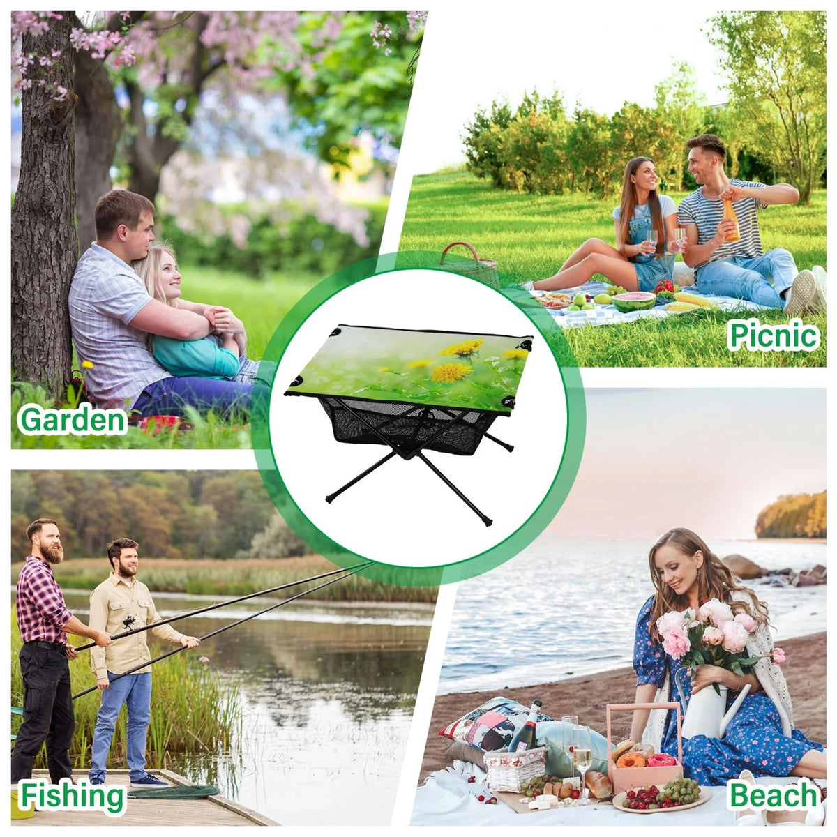 Spring Green Flowers Camping Folding Table Portable Beach Table with Storage Bag Compact Picnic Table for Outdoor Travel Fishing BBQ