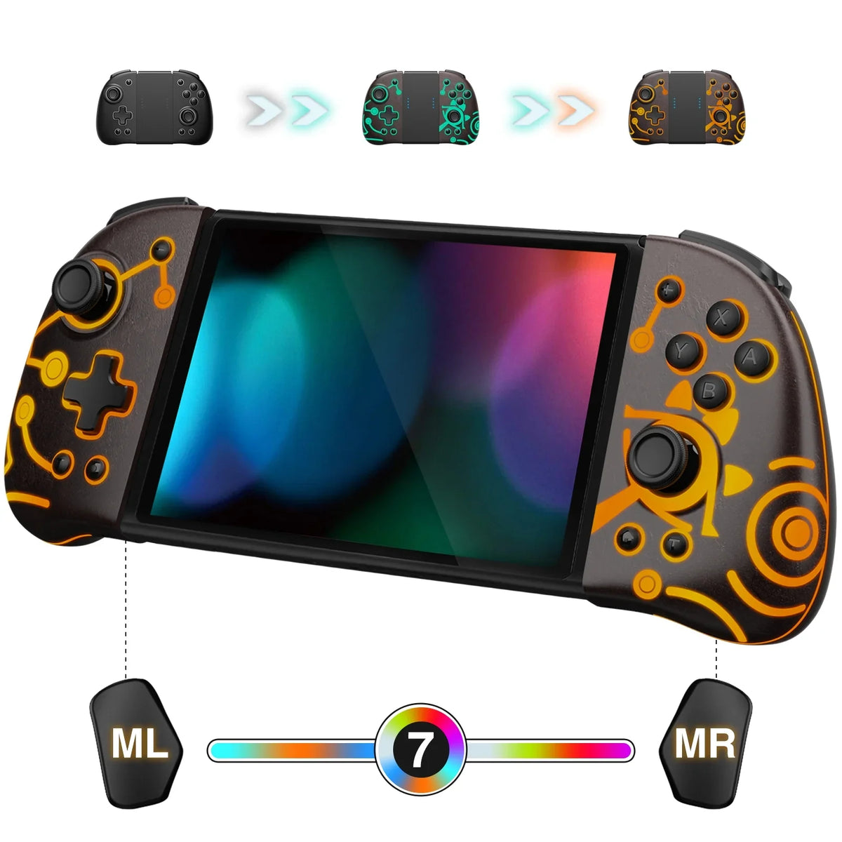 Funlab Luminous Switch Controller suitable with Nintendo Switch/OLED, Ergonomic Joypad Controller for Handheld Mode with 7 LED Colors/Paddle/Turbo for Zelda Fans - Sheikah Brown