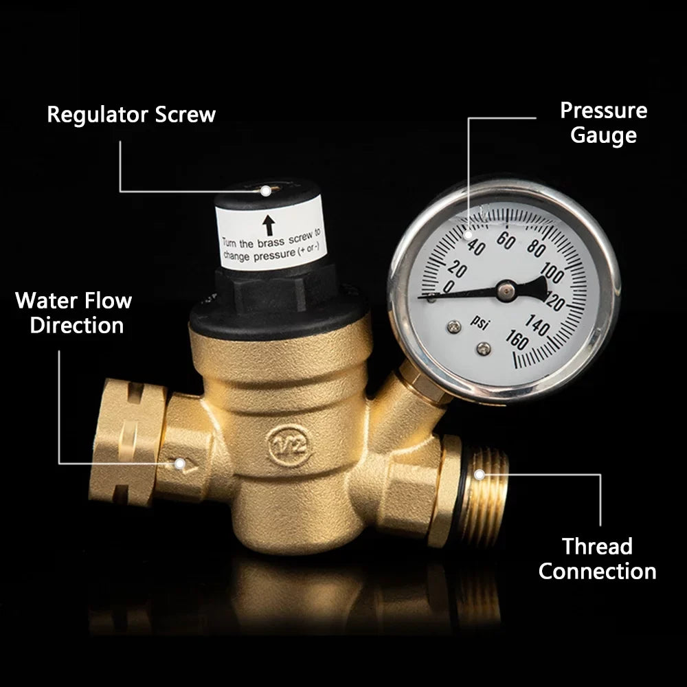 moobody Brass liquid Pressure Regulator Valve for RV Travel Trailer, Adjustable Reducer with Gauge and Inlet Screened Filter