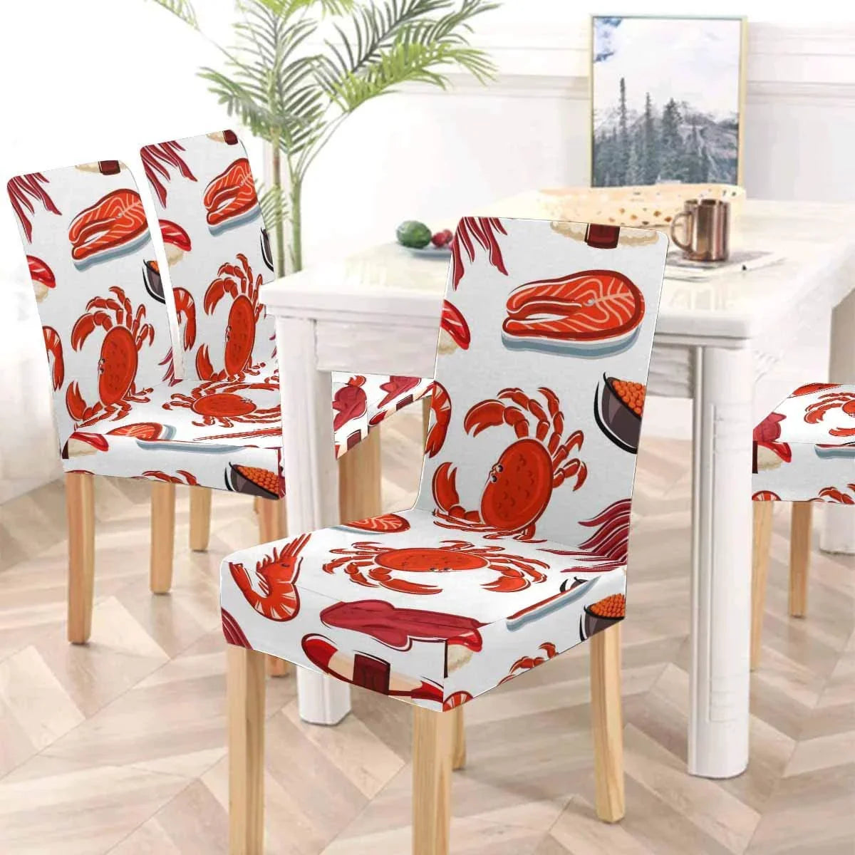 FMSHPON Salmon Steaks Shrimps Crabs Squids Sushi Stretch Chair shield Protector Seat Slipcover for Dining Room Hotel Wedding Party Set of 4