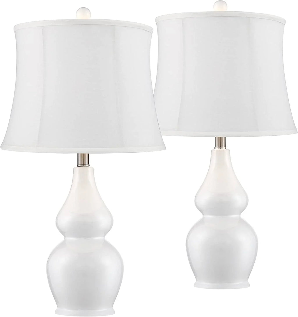 TJUNBOLIFE Lighting Jane Modern Table Lamps 25" Tall  White Ceramic Double Gourd Softback Fabric Tapered Drum Shade for Bedroom Living Room House Home Bedside Nightstand Office Entryw