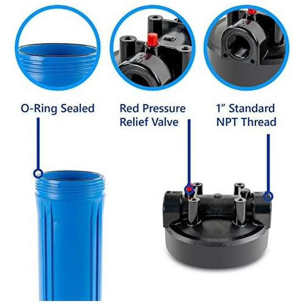 whole house moisture filter housing, universal 20-inch housing 4.5” x 20”, 1-inch npt inlet outlet, heavy duty standard size replacement includes wrench, pressure release button