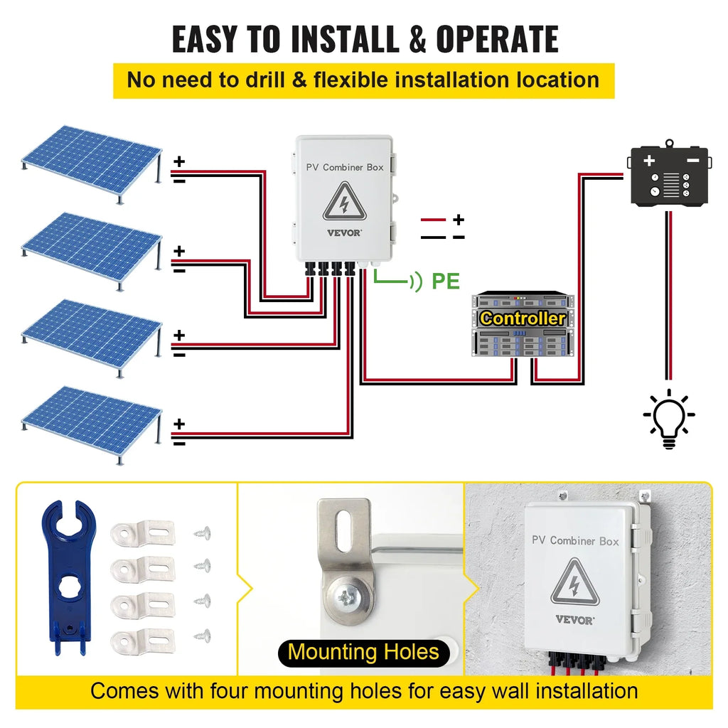 VEVOR PV Combiner Box, 4 String, Solar Combiner Box with 15a Rated Current Fuse, 63a Circuit Breaker, Lightning Arreste and Solar Connector, for On / Off Grid Solar Panel System, IP65 Waterproof