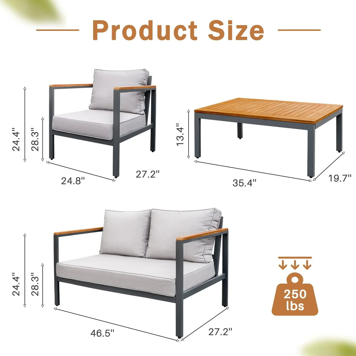 Devoko 4 Pieces Patio Conversation Set Outdoor Metal Frame Table and Thick Cushion, Gray