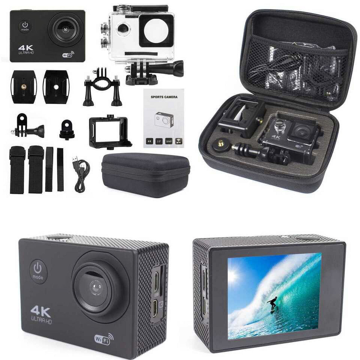 Action Camera HD 1080P Sports Camera Under 30M Waterproof, TF Card, Battery, Carry Case Included