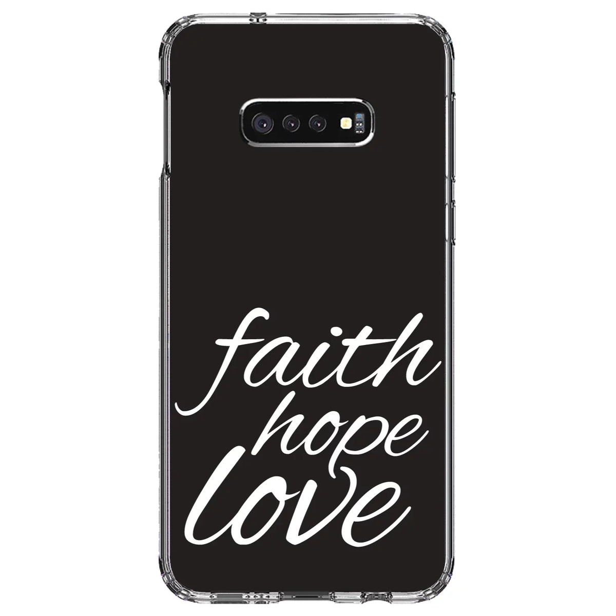DistinctInk Clear Shockproof Hybrid Case for  Galaxy S10e (5.8" Screen) - TPU Bumper, Acrylic Back, Tempered Glass Screen Protector - Faith / Hope / Love - Black & White - Christ