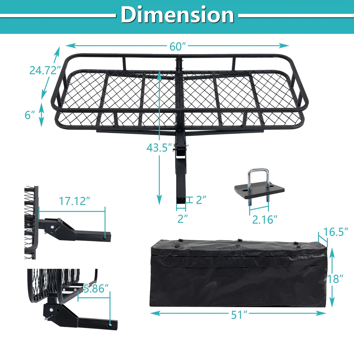 60" x 24" x 6" Hitched Mounted Folding Cargo Basket with a 500 lb Capacity for Car SUV Truck Trailer, Black