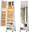 HAOFEI 360° Swivel Jewelry Mirror Cabinet with Lights, Standing Jewelry Armoire Organizer Rotatable Full Length Mirror with Jewelry Storage, Lockable with Rear Storage Shelves, Built-in Makeup Mirror