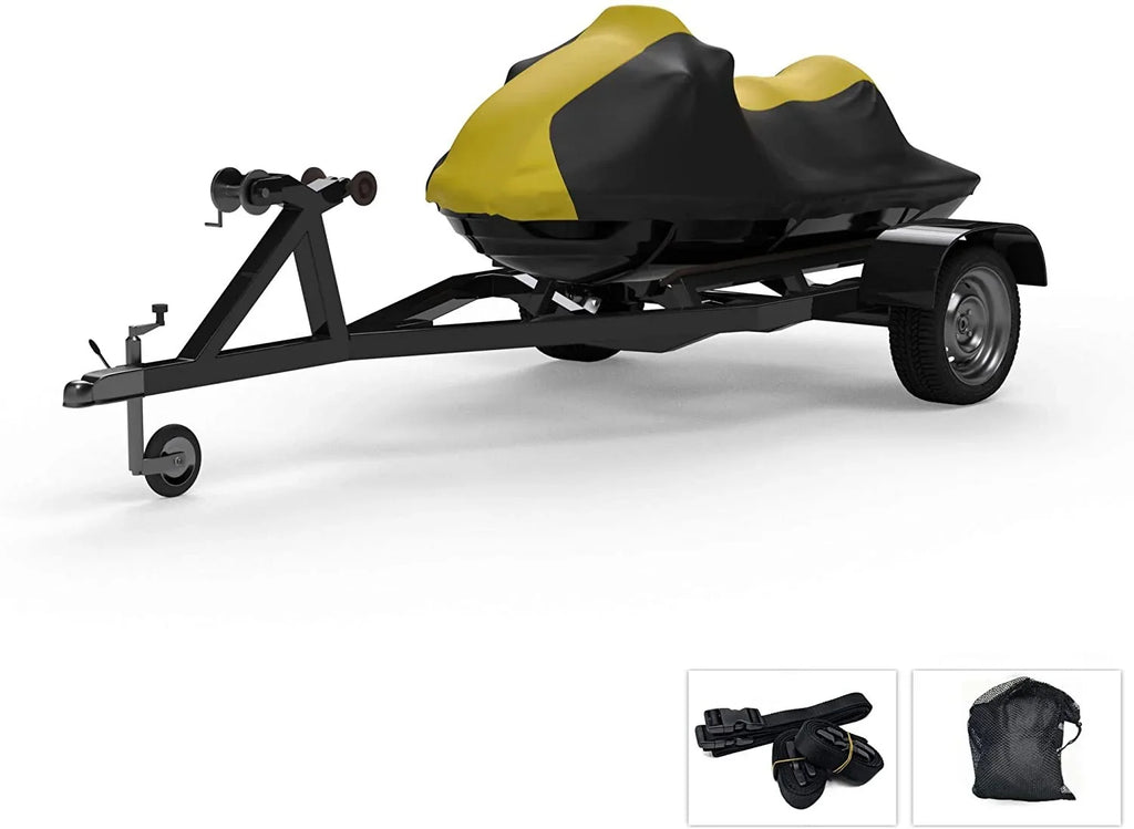 Weatherproof Jet Ski Covers for Kawasaki Ultra 300LX 2011-2013 - Yellow/Black Color - All elements - Trailerable - Protects from Rain, Sun, UV Rays, and More! Includes Trailer Straps and Storage Bag